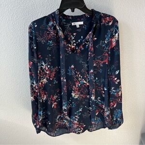 DR2 Navy Blue Floral Print Long Sleeve Blouse